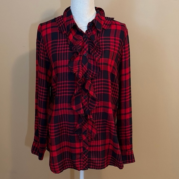 CAbi #3335 Lodge Ruffle Red Black Plaid Button-Down Shirt Medium - Picture 2 of 6